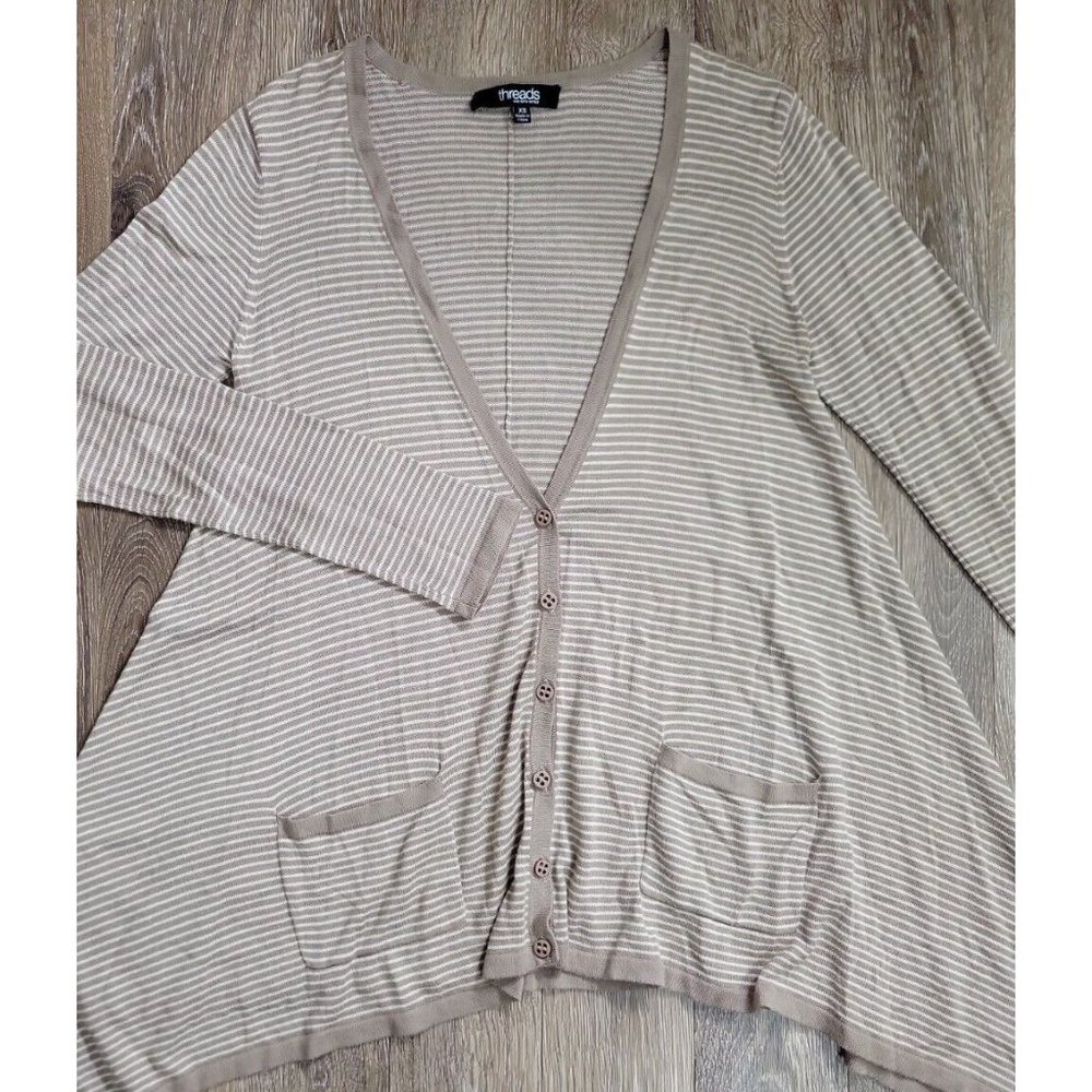 Threads Sakes Fifth Ave. Women's XS Sweater Beige Stripe Cardigan Asymmetric Hem